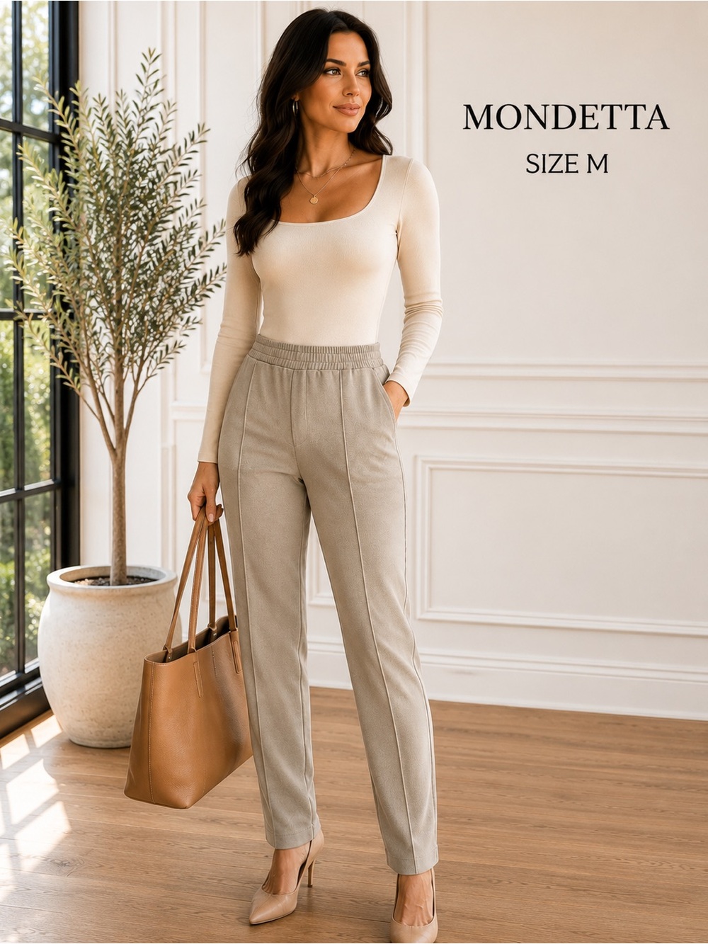 Mondetta Mushroom Taupe Pull-On Travel Straight Leg Pintuck Pants M